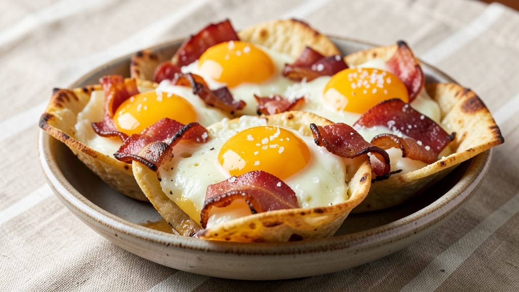 Bacon Egg and Cheese Breakfast Cups Recipe: Crispy Tortilla Shells With Runny Yolk Magic