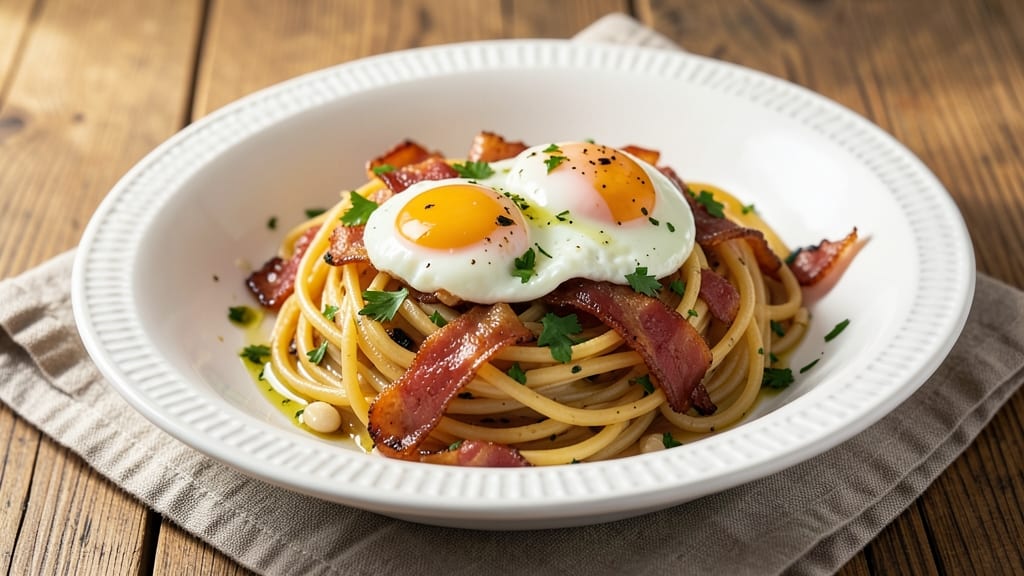 Bacon and Egg Pasta Recipe: Crispy Pancetta Ribbons With Silky Poached Eggs