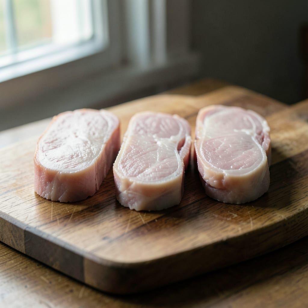 Three chops of different thickness, ready to be tested